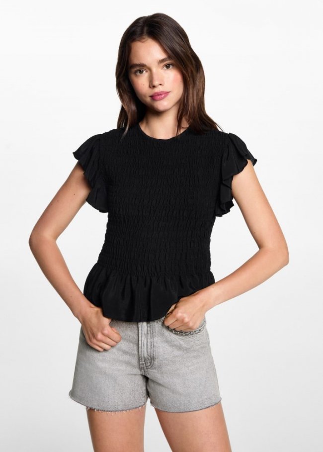 Mango Blusa fruncida manga volante - Negro