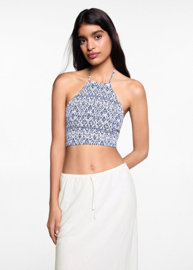 Mango Top crop halter estampado - Blanco roto