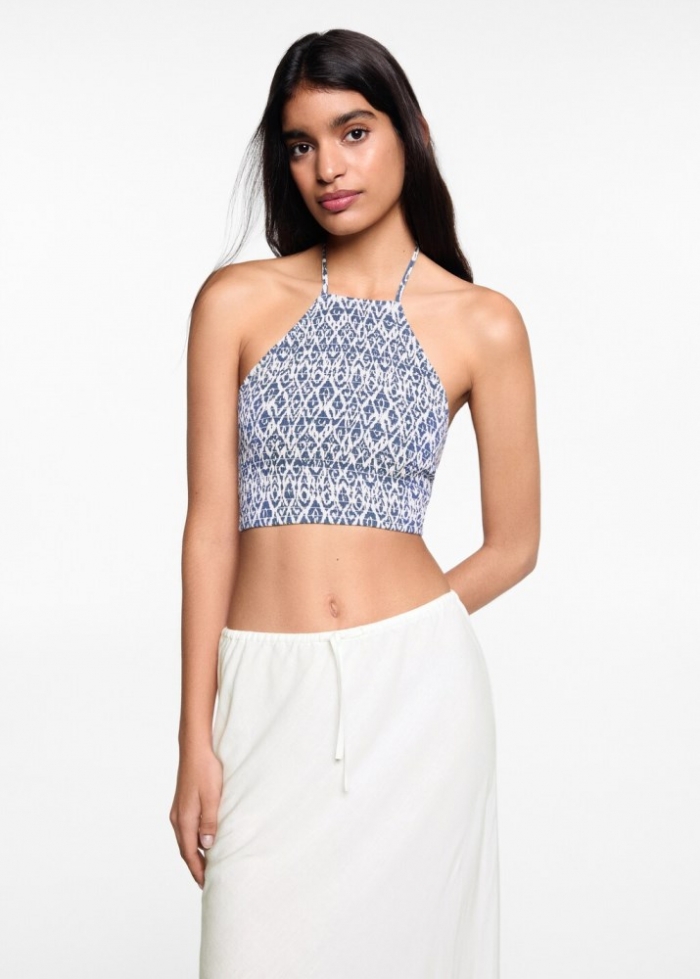 Mango Top crop halter estampado - Blanco roto