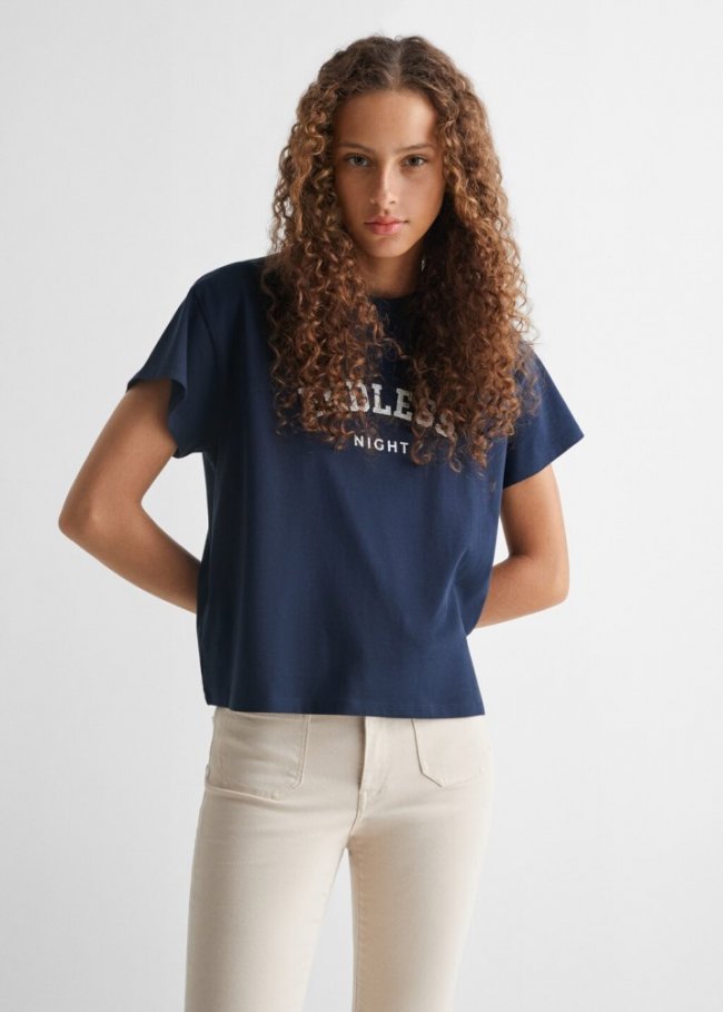 Mango Camiseta mensaje estampado - Azul marino oscuro