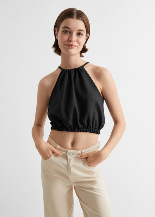 Mango Top crop fruncido - Negro