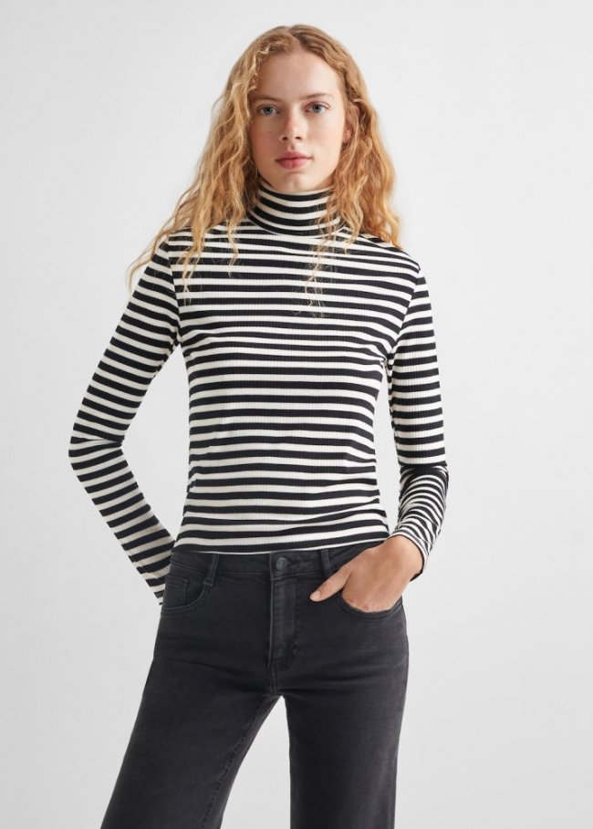 Mango Camiseta rayas cuello alto - Blanco roto