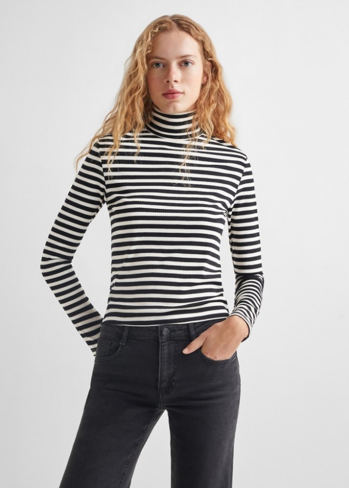 Mango Camiseta rayas cuello alto - Blanco roto