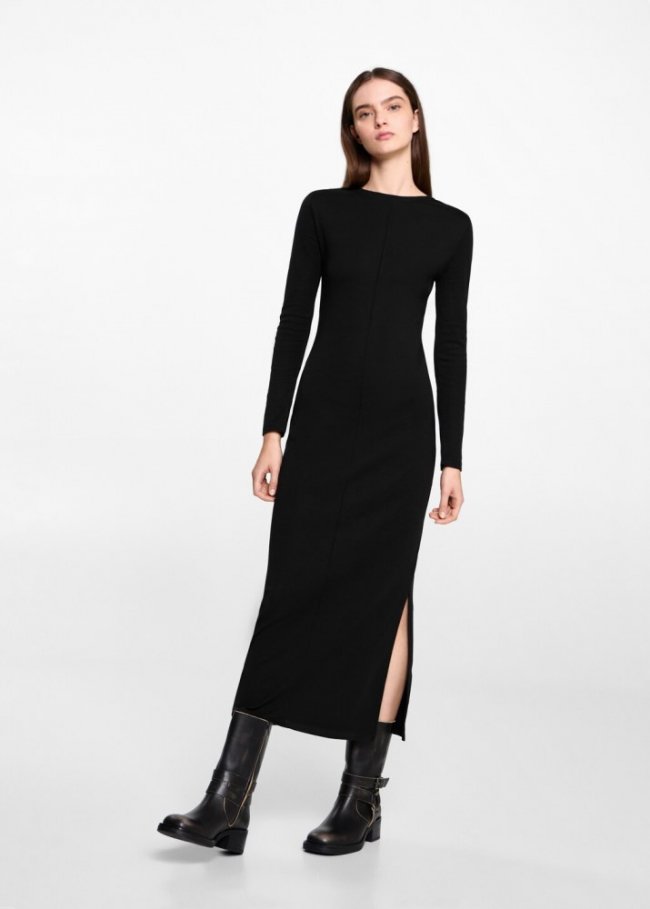 Mango Vestido manga larga abertura - Negro