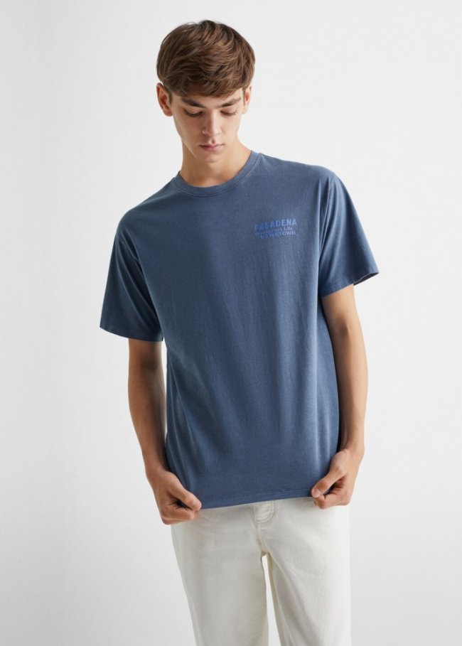 Mango Camiseta algodón mensaje - Azul