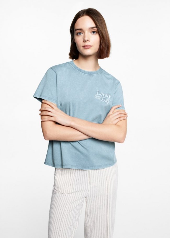 Mango Camiseta mensaje bordado - Azul celeste