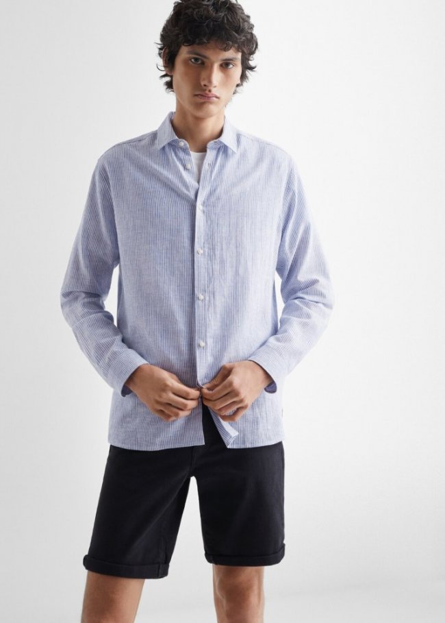 Mango Camisa lino rayas - Azul