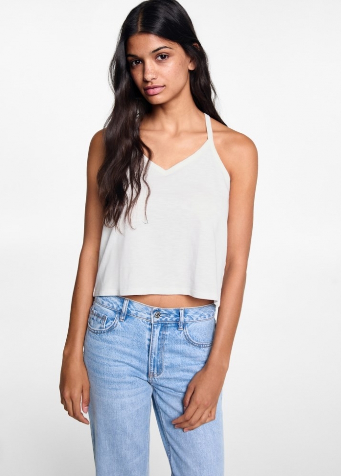 Mango Camiseta algodón tirantes - Blanco roto