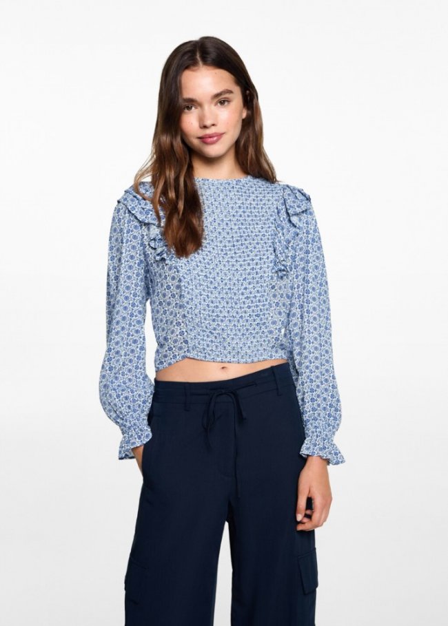 Mango Blusa estampada volantes - Blanco roto