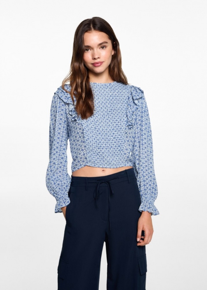 Mango Blusa estampada volantes - Blanco roto