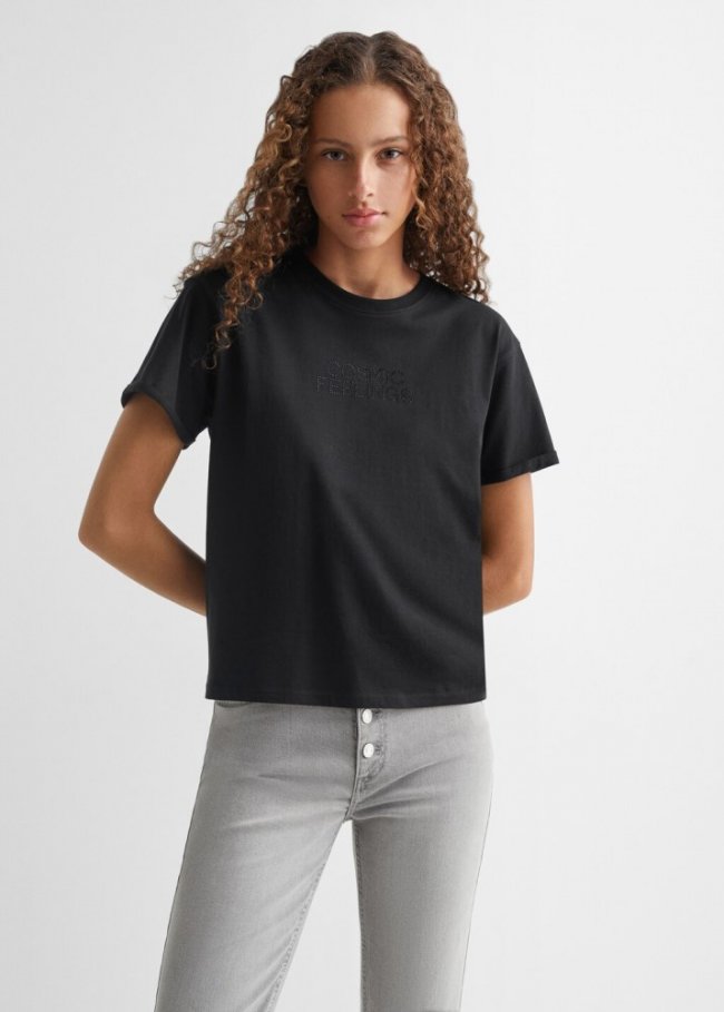 Mango Camiseta mensaje manga corta - Negro