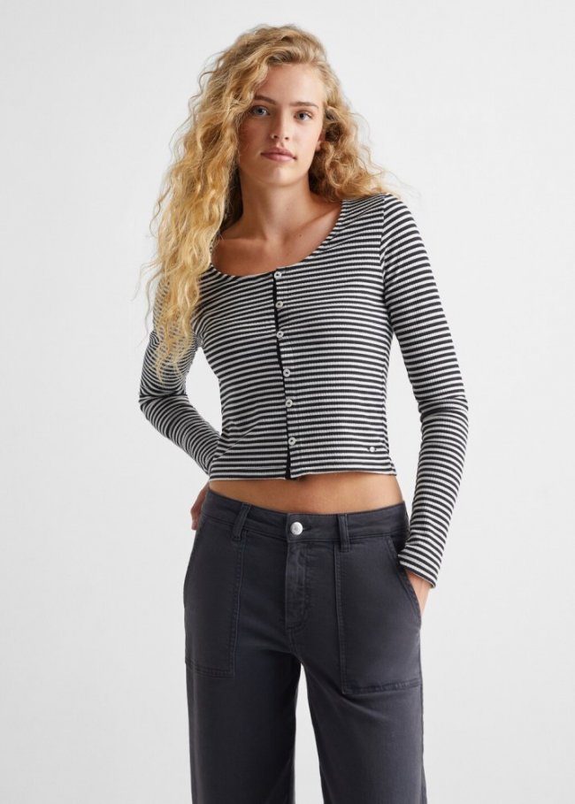 Mango Camiseta rayas botones - Negro