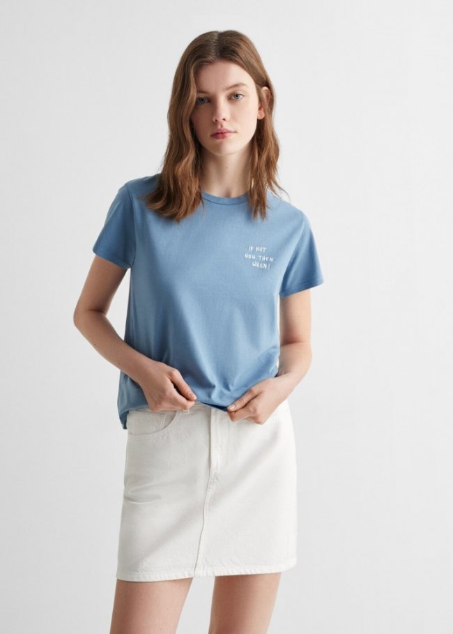 Mango Camiseta mensaje bordado - Azul celeste