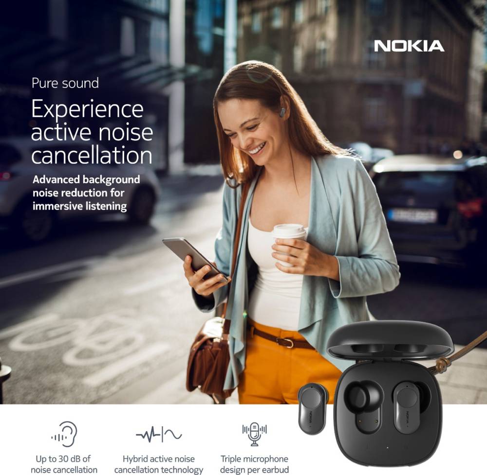 Nokia T3110 Hybrid Active Noise Cancellation Bluetooth Headset (Charcoal Black, True Wireless)