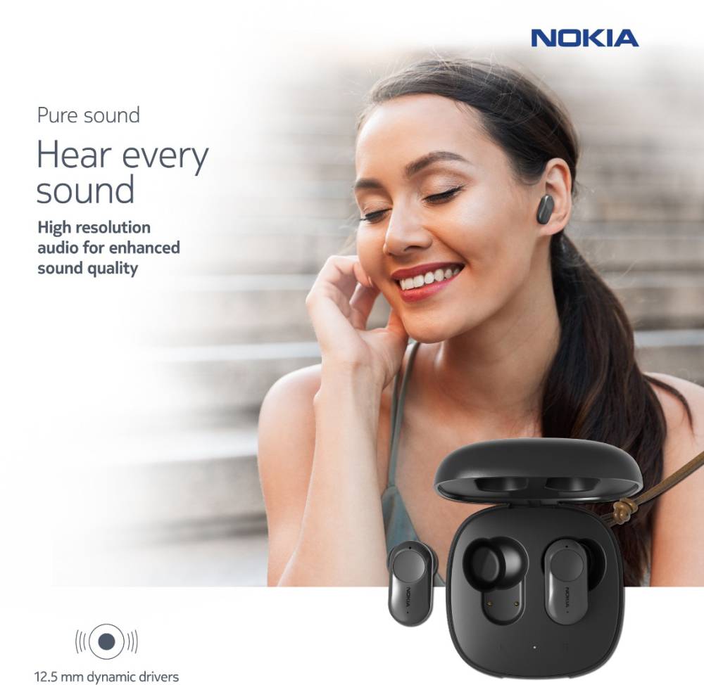 Nokia T3110 Hybrid Active Noise Cancellation Bluetooth Headset (Charcoal Black, True Wireless)