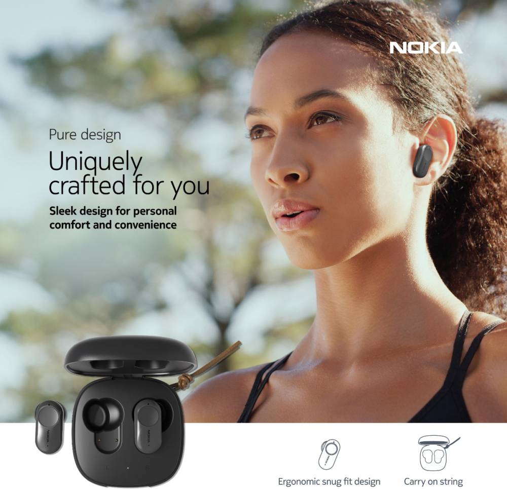 Nokia T3110 Hybrid Active Noise Cancellation Bluetooth Headset (Charcoal Black, True Wireless)