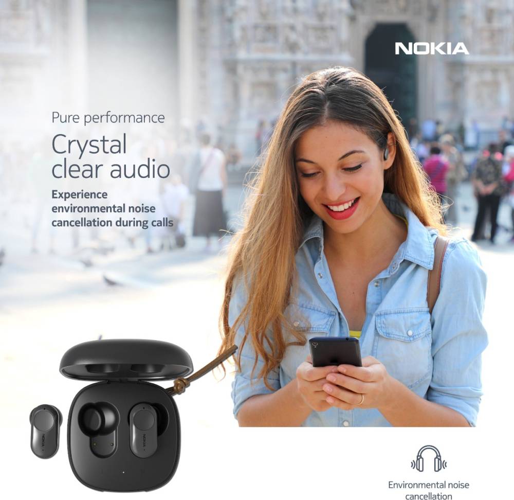 Nokia T3110 Hybrid Active Noise Cancellation Bluetooth Headset (Charcoal Black, True Wireless)