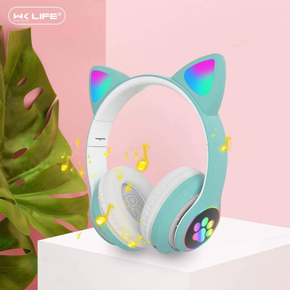 Wk Life Kids Headphones Wireless, Girls/Boys Cat Ear Bluetooth Bluetooth Headset (Green, On the Ear)