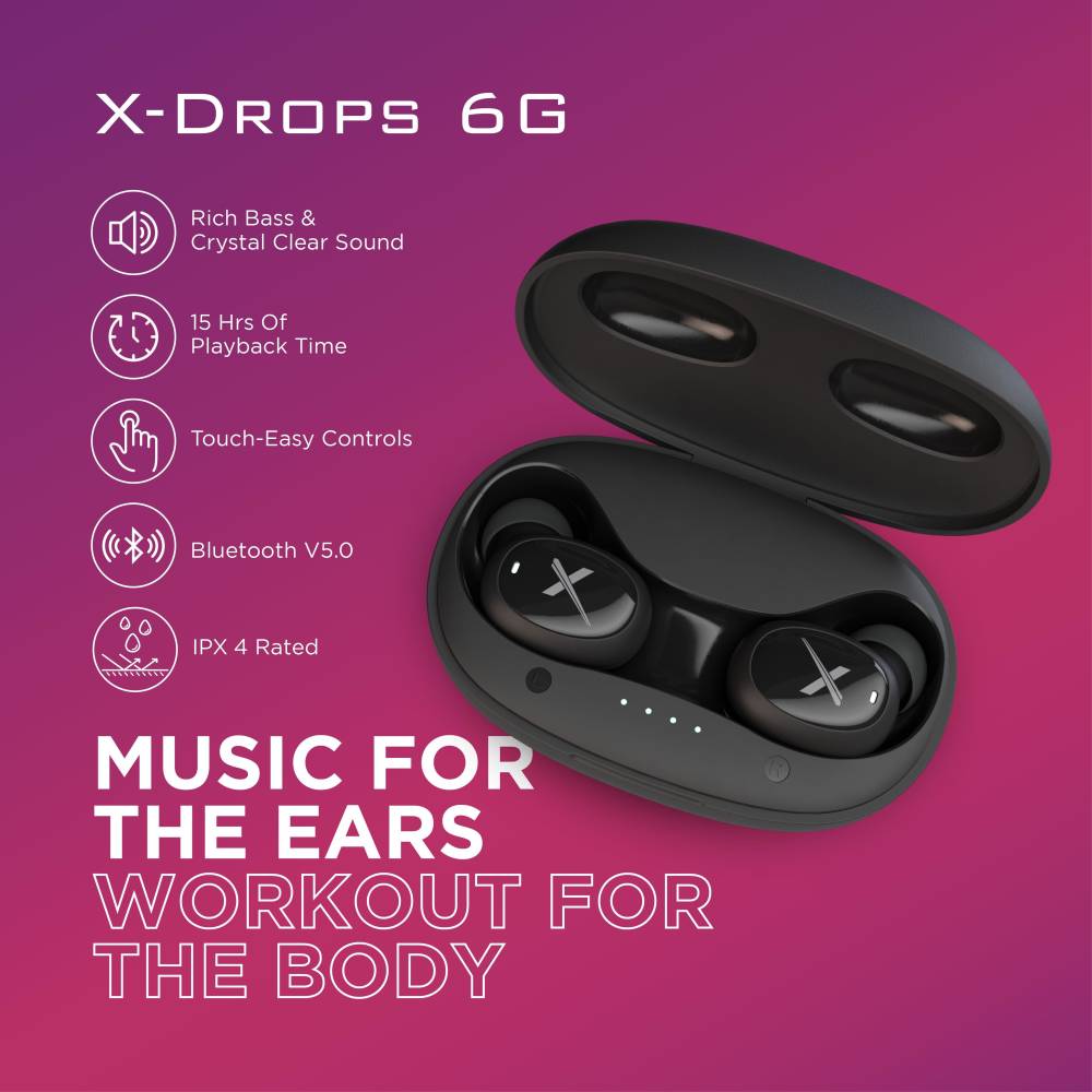 HRX X-Drops 6G with 15 Hours Playback Bluetooth Headset (Space Black, True Wireless)