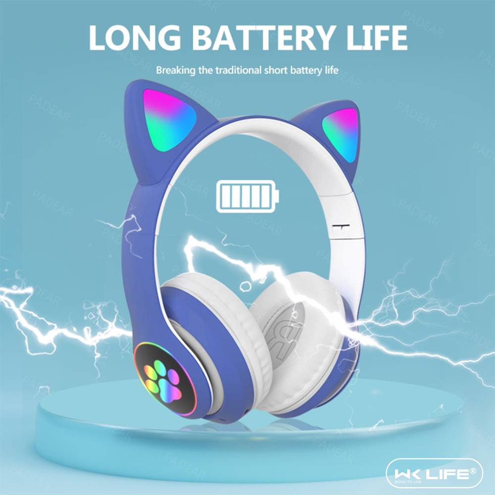 Wk Life Kids Headphones Wireless, Girls/Boys Cat Ear Bluetooth Bluetooth Headset (Blue, On the Ear)