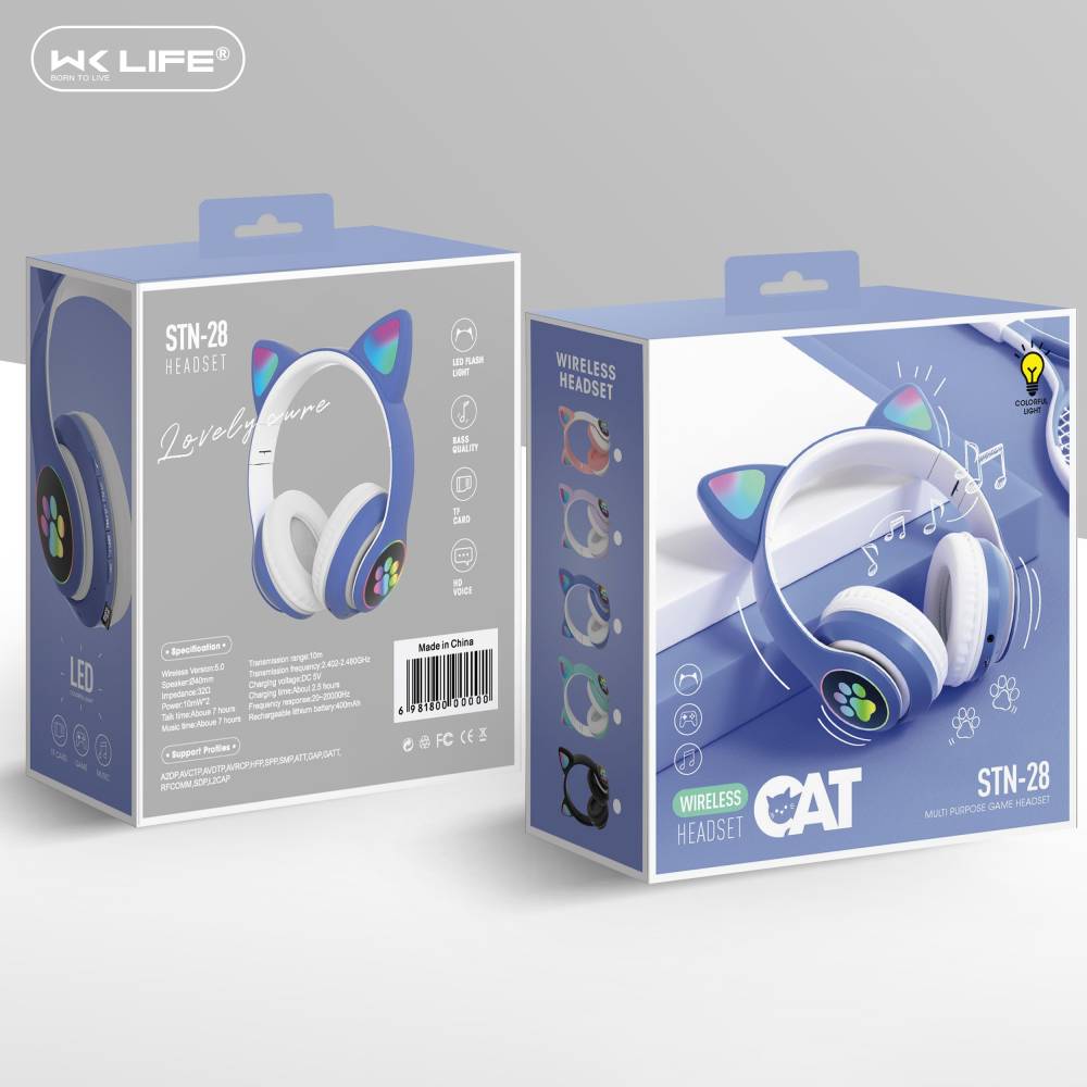 Wk Life Kids Headphones Wireless, Girls/Boys Cat Ear Bluetooth Bluetooth Headset (Blue, On the Ear)