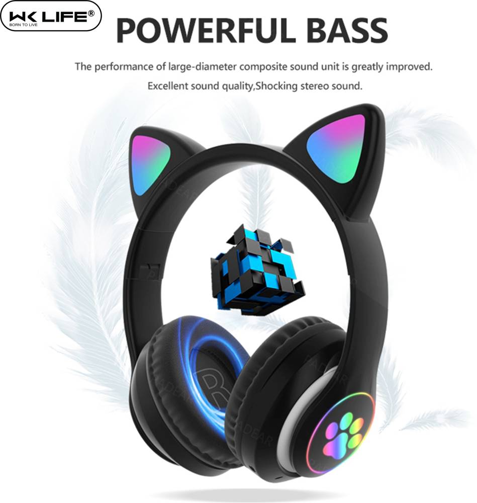 Wk Life Kids Headphones Wireless, Girls/Boys Cat Ear Bluetooth Bluetooth Headset (Black, On the Ear)