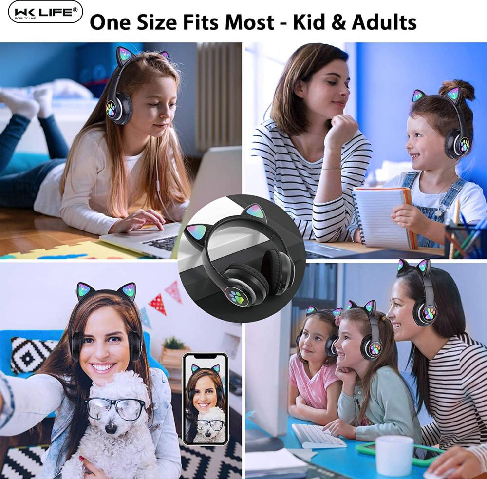 Wk Life Kids Headphones Wireless, Girls/Boys Cat Ear Bluetooth Bluetooth Headset (Black, On the Ear)