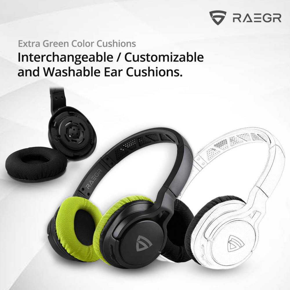 RAEGR AirBeats 500 Wireless Headphones Bluetooth Headset (Black/Green, On the Ear)