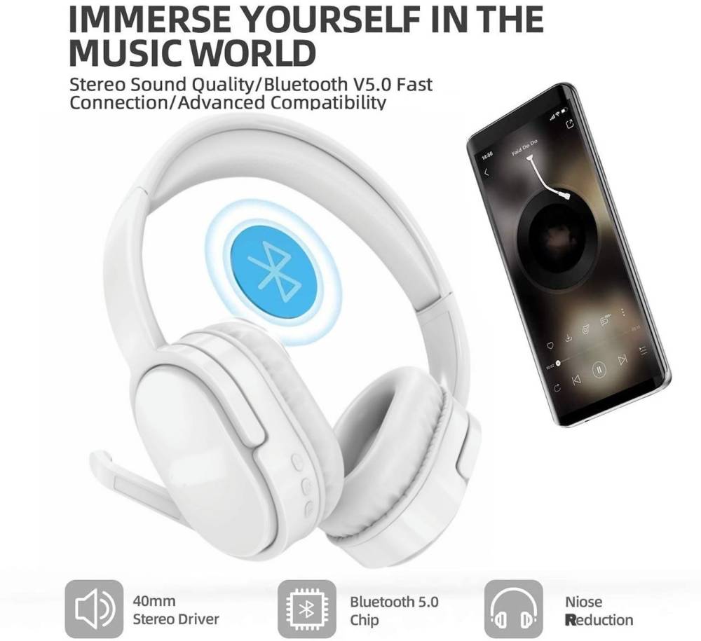Meyaar Pilot Series Bluetooth Headphones With High Bass & Boom Mic Bluetooth, Wired Gaming Headset (White, On the Ear)