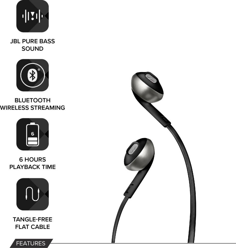 JBL T205BT Bluetooth Headset (Black, In the Ear)