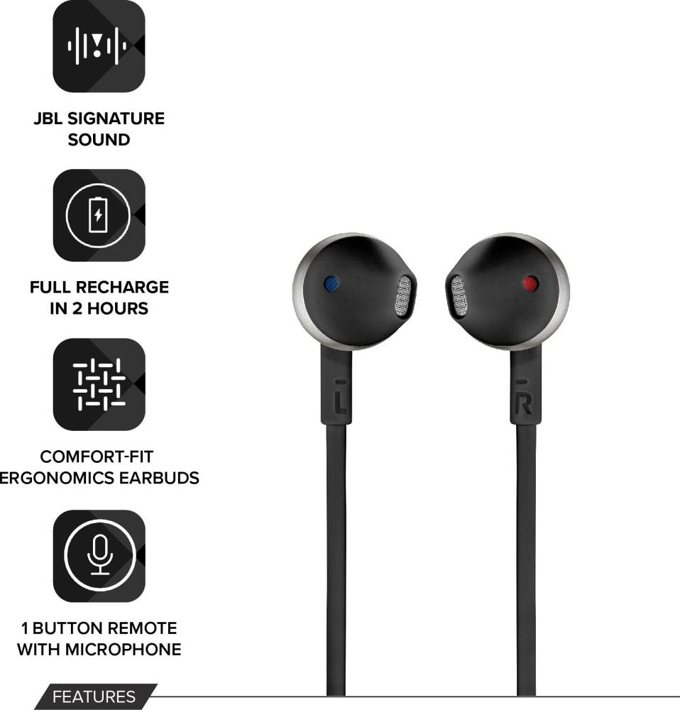 JBL T205BT Bluetooth Headset (Black, In the Ear)