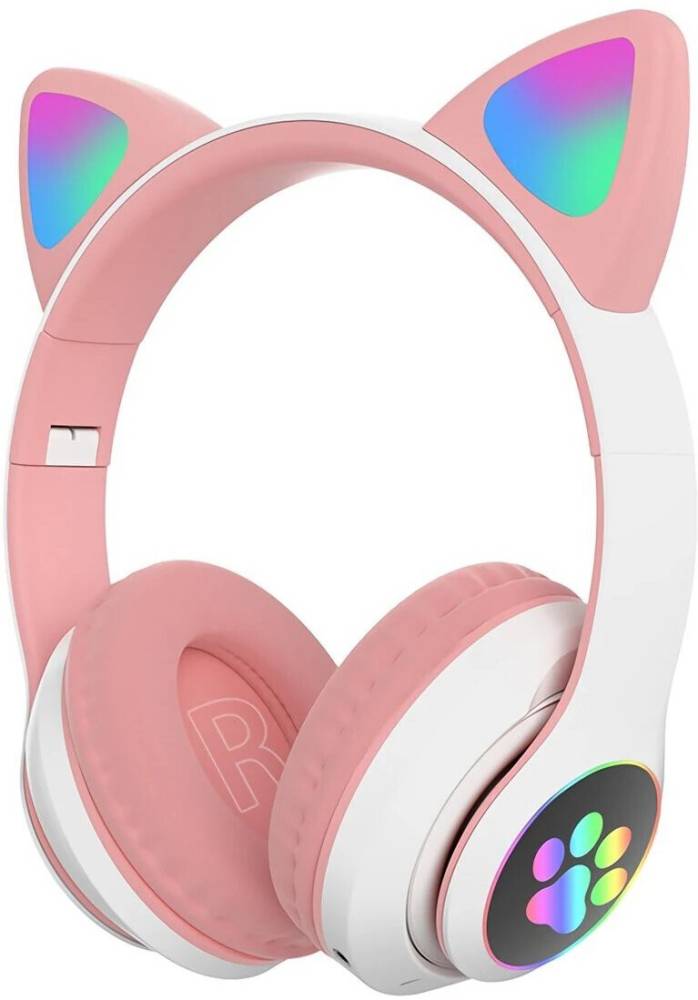 JVA Wireless Cat Headphone with LED Lighting Bluetooth Headset (Pink, On the Ear)