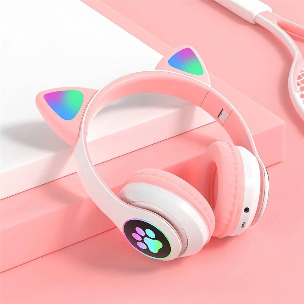 JVA Wireless Cat Headphone with LED Lighting Bluetooth Headset (Pink, On the Ear)