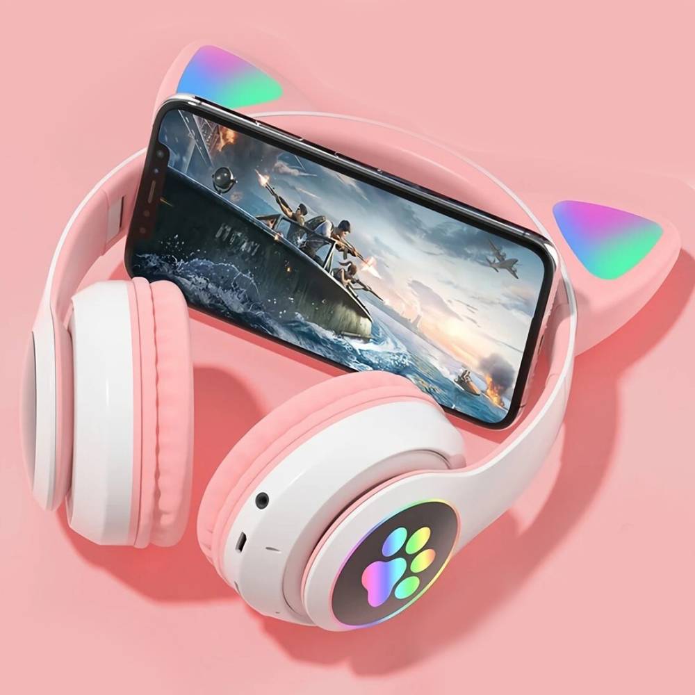 JVA Wireless Cat Headphone with LED Lighting Bluetooth Headset (Pink, On the Ear)