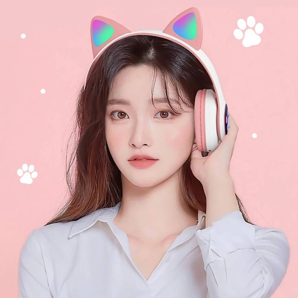 JVA Wireless Cat Headphone with LED Lighting Bluetooth Headset (Pink, On the Ear)