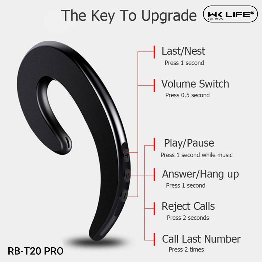 Wk Life RB-T20 Pro Ultrathin Wireless Headset Bluetooth Headset (Black, True Wireless)