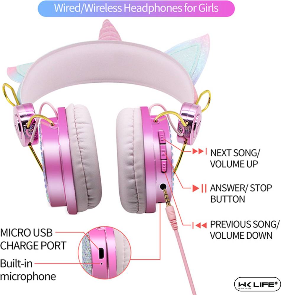Wk Life Unicorn Kids Headphones (Pink) Bluetooth Headset (Pink, On the Ear)