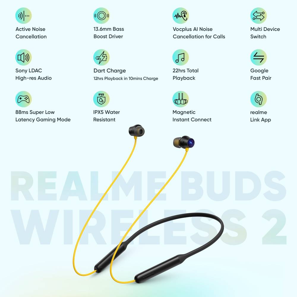 realme Buds Wireless 2 with Dart Charge and Active Noise Cancellation (ANC) Bluetooth Headset (Yellow, In the Ear)