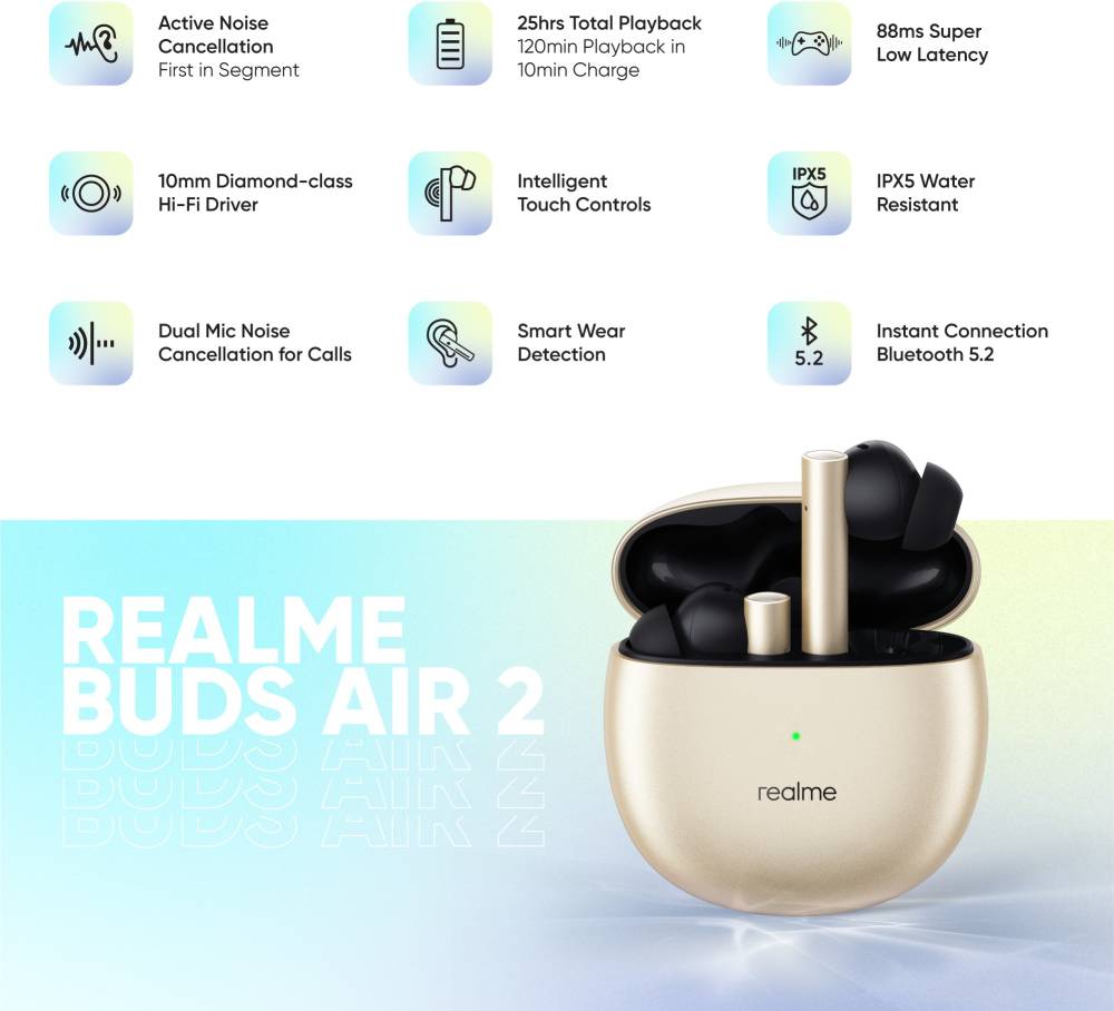 realme Buds Air 2 with Active Noise Cancellation (ANC) Bluetooth Headset (Closer Gold, True Wireless)