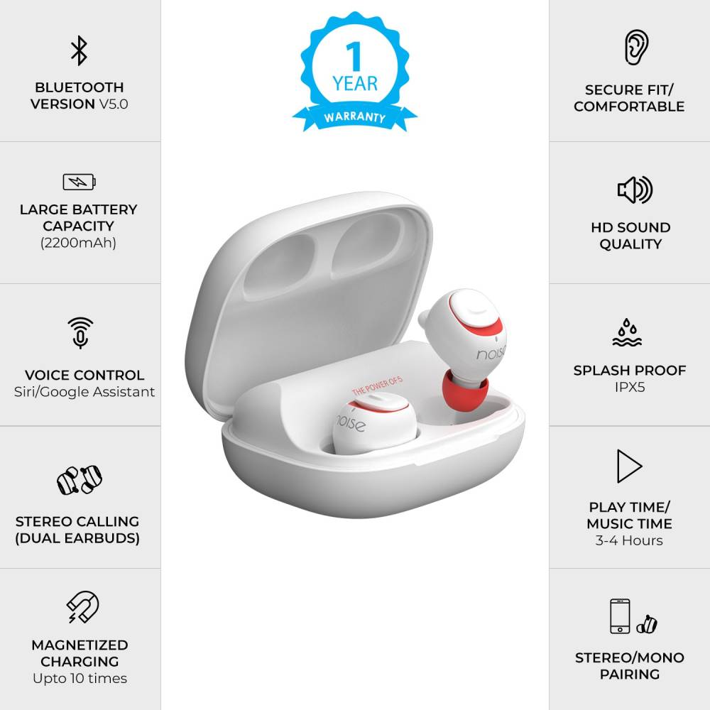 Noise Shots X5 Charge True Wireless Bluetooth Headset (Candy White, True Wireless)