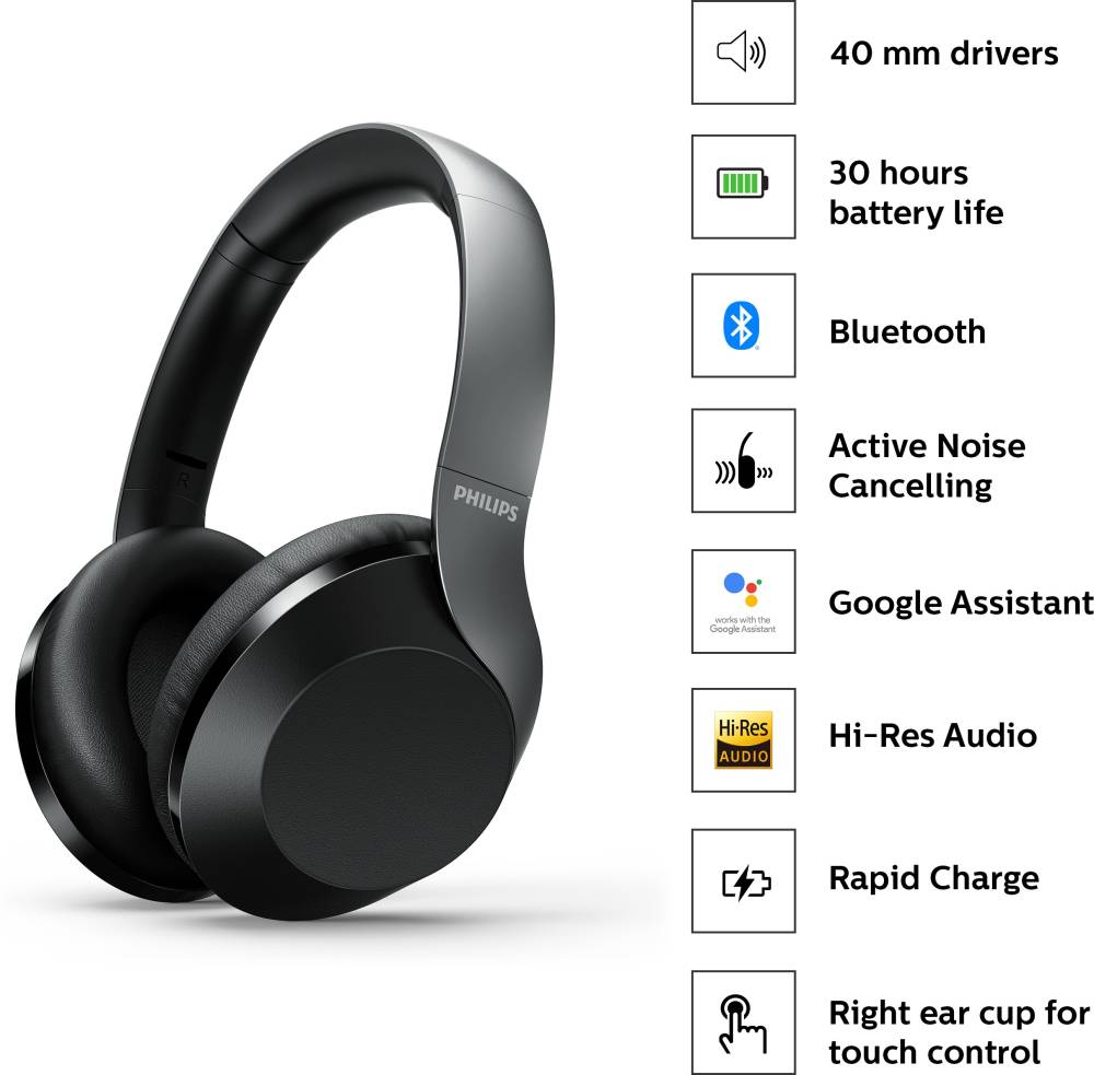 PHILIPS TAPH805BK Active noise cancellation enabled Bluetooth Headset (Black, On the Ear)
